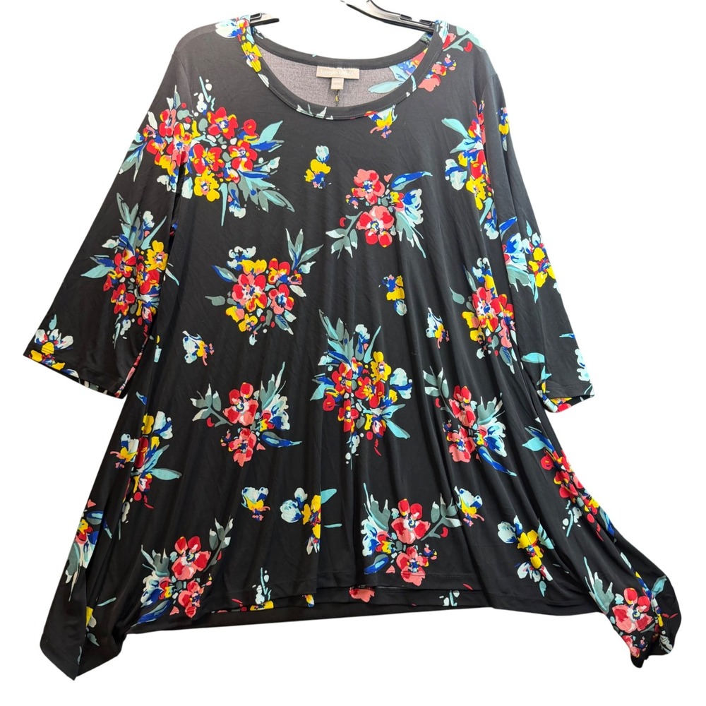 Woman Within Tunic Top‎ Women Large 18/20 Black Floral 3/4 Sleeve Boho Lagenlook